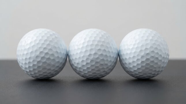 Three white dimpled golf balls lined up on a dark surface