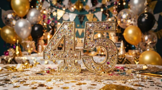 Glittering 45th birthday numbers on a decorated party table with balloons