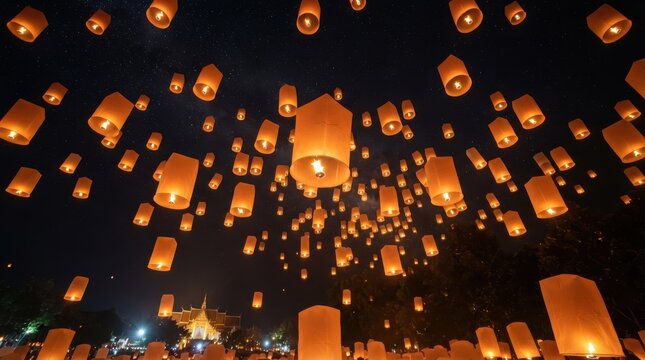 Floating paper lanterns glowing in the night sky during festival