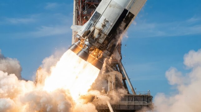 Large rocket launching from launchpad with massive fire and smoke