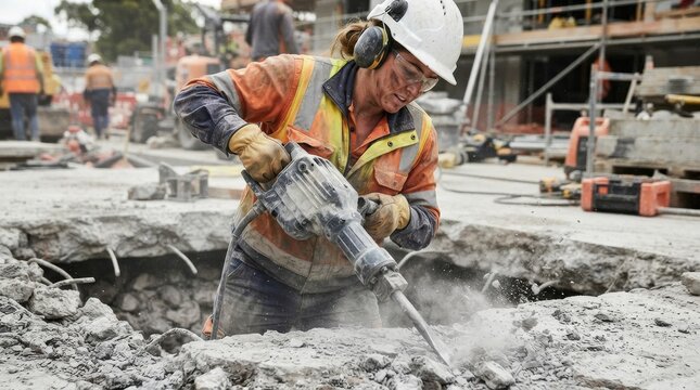 Female construction worker using a jackhammer on a road worksite