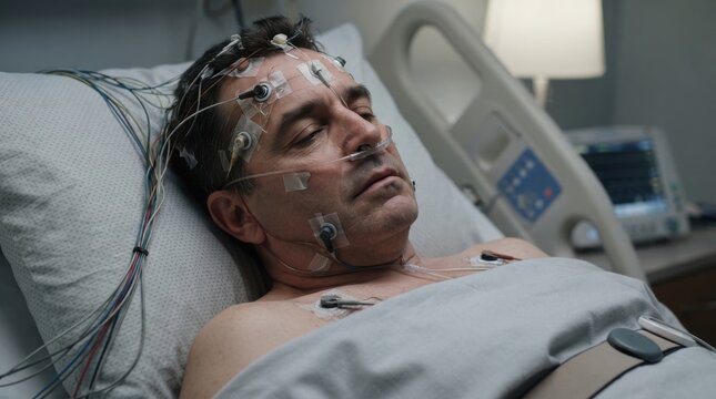 Patient with medical sensors and electrodes lying on hospital bed