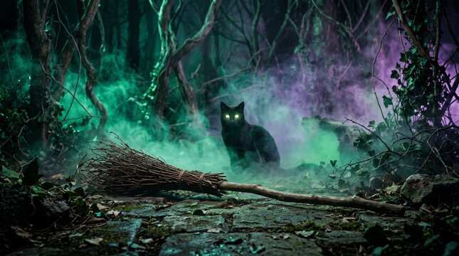 Black cat with glowing eyes sitting in mystical forest with broomstick  