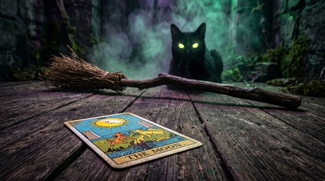 Black cat with glowing eyes, broomstick, and tarot card on wooden floor  