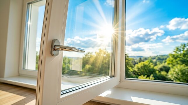 Bright sunny sky with sun flare seen through an open window frame.