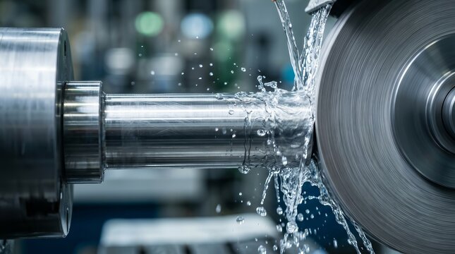 Coolant fluid flowing over a metal piece during a surface grinding operation.