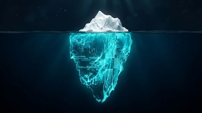 Digital iceberg representing data storage and security solutions in a dark ocean.