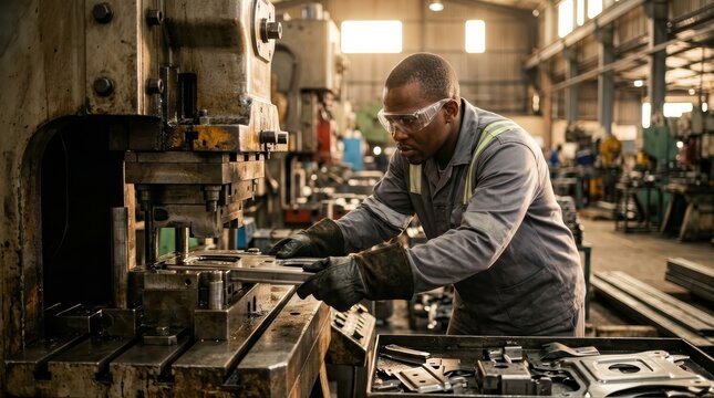 African black male worker operating a heavy metal stamping machine in a factory.