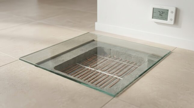Electric heating mat embedded in thinset beneath ceramic tiles for hidden floor heating technology.