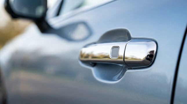 Close-up of a modern luxury electric vehicle featuring a chrome keyless car door handle and touch sensor.