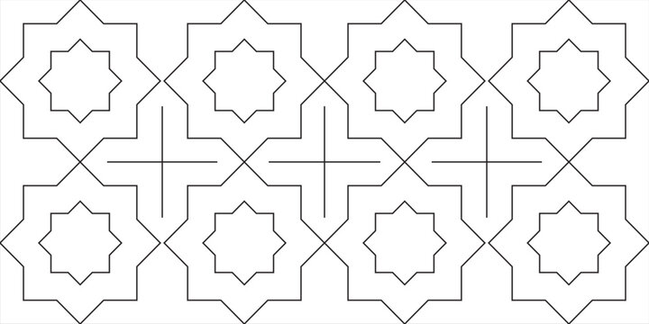 Islamic geometric seamless pattern with outline octagram star ornament in black and white style.