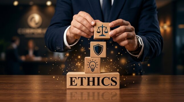 Businessman building an ethics concept using wooden blocks and various symbols.