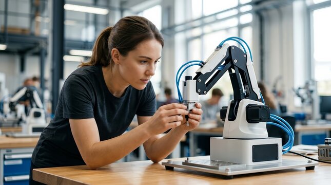 Female engineer studying industrial robotics with a robot arm model in a university engineering lab.