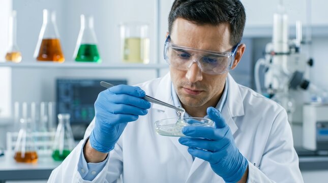 Scientist examining biobased synthetic polymer resin with plant-derived monomers in a modern laboratory.