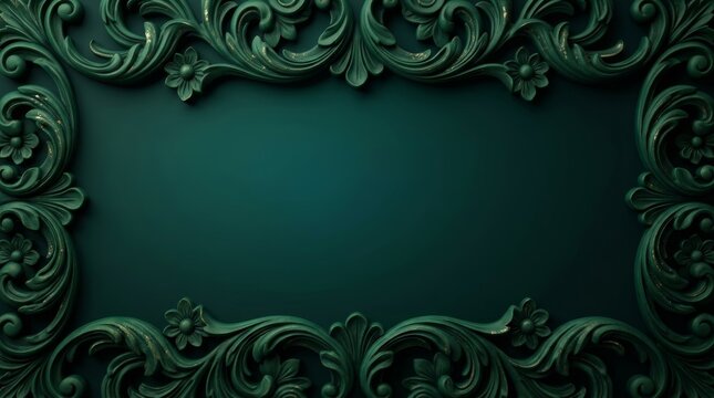 Dark green decoration background with ornate ornaments and empty copy space.