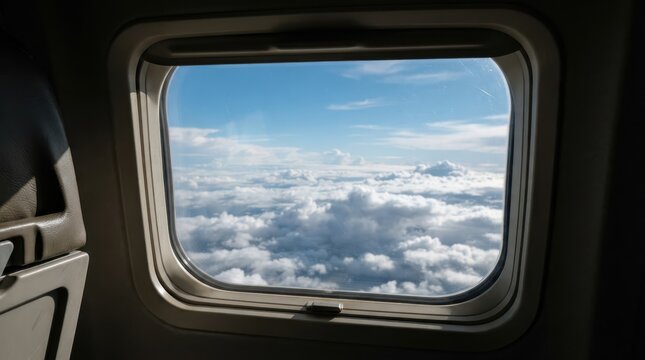 View of clouds and blue sky through an airplane window during flight