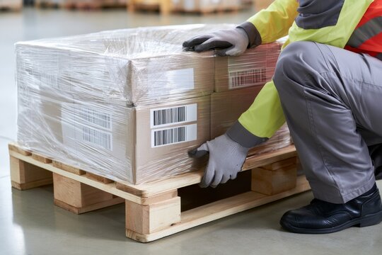 Worker wraps boxes on a wooden pallet in a warehouse during the day while preparing for shipping and handling purposes
