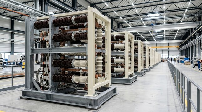 Insulated valve stacks for HVDC converter stations lined up on steel racks in a production hall.