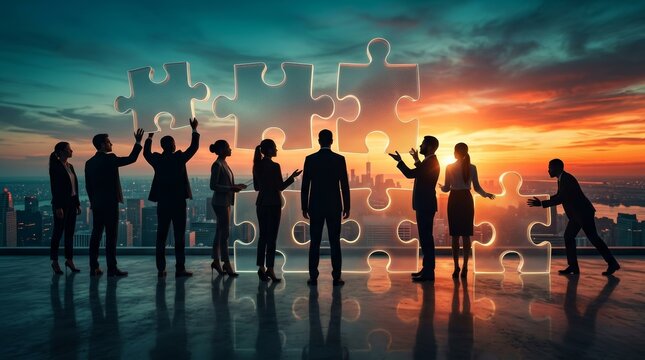 Diverse people working together to piece together large puzzle pieces symbolizing collaboration.