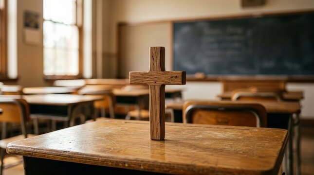 A wooden cross sits on a classroom desk as a symbol of faith and education.