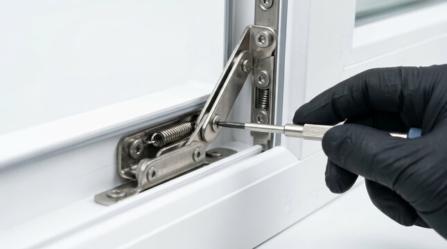 A technician calibrating a UPVC window sash tilting hinge mechanism to prevent drafts.