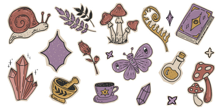 Hand-drawn witchy magic collection with mushrooms, crystals, potion bottle, spell book, key, and botanical elements. Vector set of mystical doodles in simple doodle style on old paper stickers.