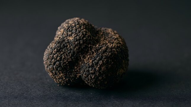 Fresh black truffle mushroom showing its rough bumpy texture and dark earthen color captured in a sharp professional studio photograph