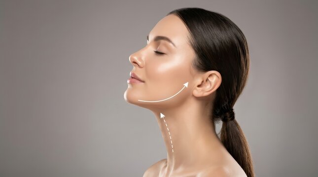 Cosmetic surgery planning showing woman chin and neck analyzed with arrows for skin tightening.