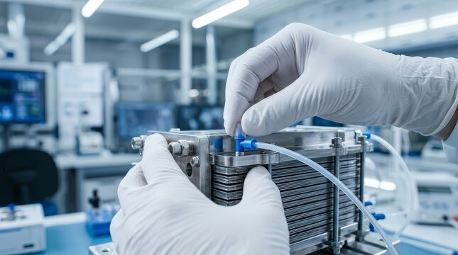 Technician attaching microfluidic connectors to a hydrogen fuel cell stack in a cleanroom.