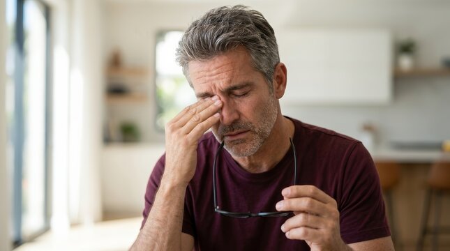 Middle aged man experiencing eye glaucoma or tired dry eyesight discomfort