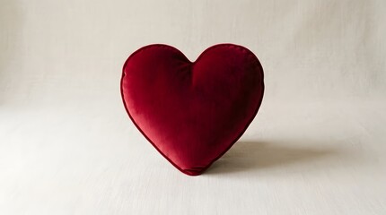 Fototapeta premium Deep red heart shaped velvet pillow cushion with soft plush texture showcased in sharp focus using a clean minimalist composition