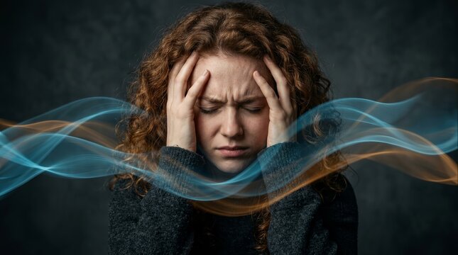 A woman holds her head in distress, visualizing intrusive memory and anxiety through an abstract wave overlay.