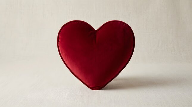 Plush velvet heart shaped cushion displaying a rich crimson red hue with soft fabric textures and elegant symmetrical rounded curves