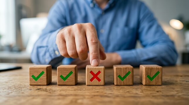 A hand choosing the wrong option marked with a red cross among correct choices.