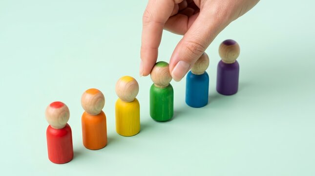 A hand chooses a wooden figure among colorful LGBT representatives.