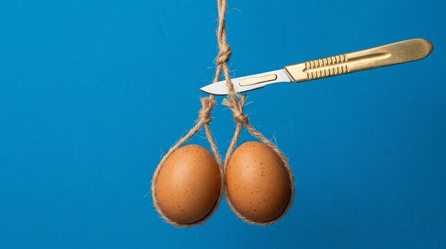 A surgical scalpel cuts a rope holding two eggs on a blue background, representing vasectomy.