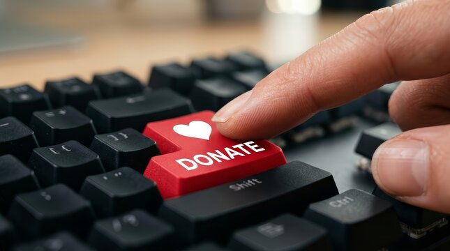 A person's finger pressing a red donate button on a computer keyboard.