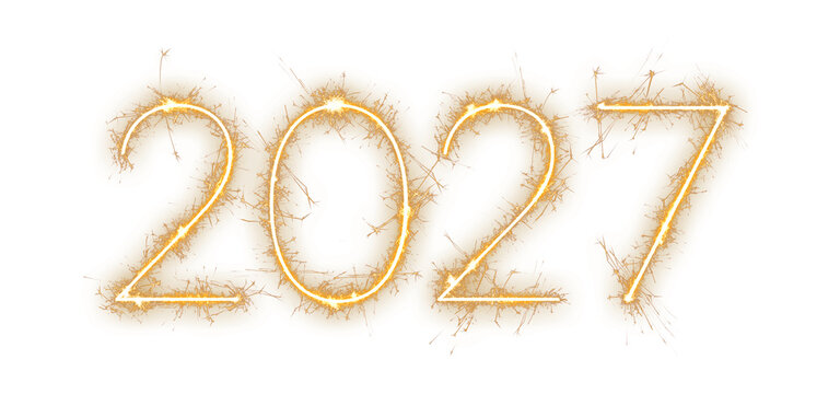 2027 happy new year date created with glowing gold sparkler lines, isolated graphic element for holiday party invitations, festive advertising, and seasonal background design