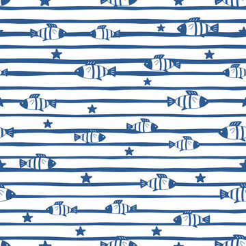 Seamless pattern of blue fish on blue stripes and stars