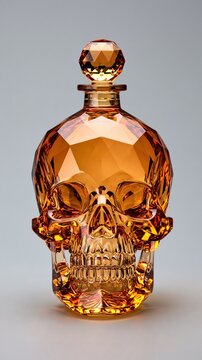 Faceted amber crystal skull decanter with stopper reflecting warm light