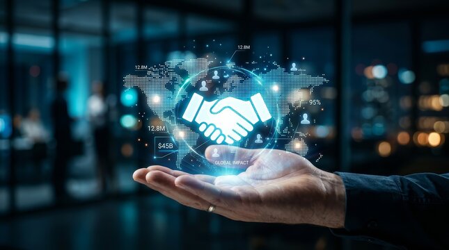Handshake icon over a world map for global business deal and partnership collaboration.