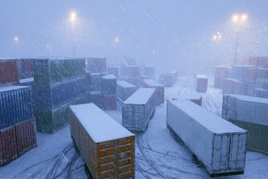 Heavy snowfall at a shipping yard in winter evening
