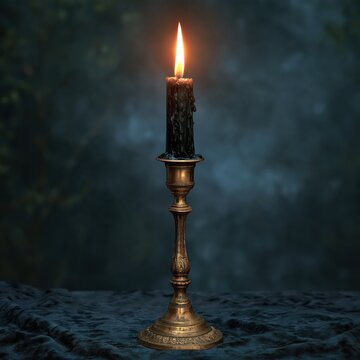 A burning black candle stands upright in an antique bronze candlestick