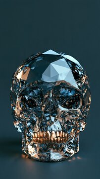 Faceted glass skull sculpture with golden teeth reflecting warm light crystal