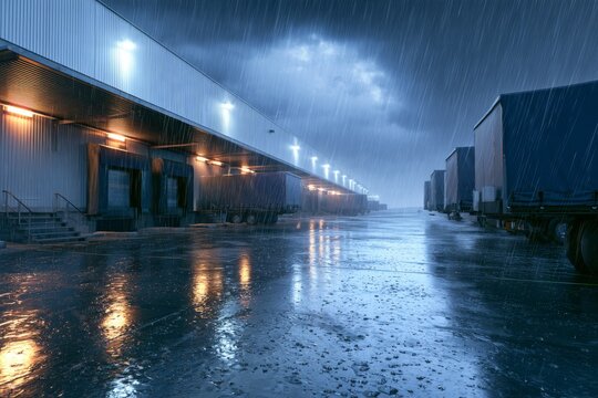 Dark clouds gather over a truck loading dock during heavy rain at night