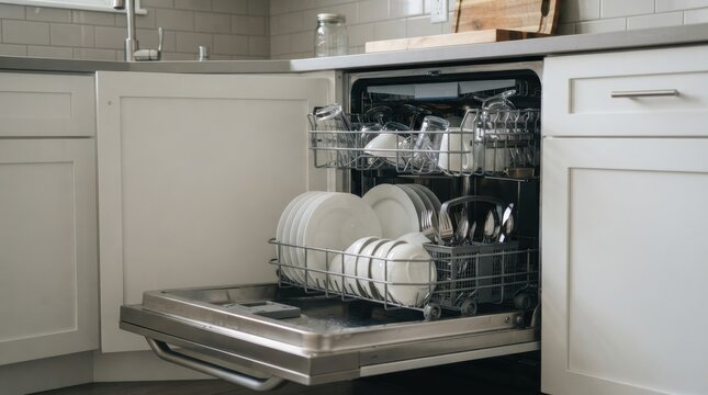 Open dishwasher loaded with clean plates, cups, and silverware in a modern kitchen
