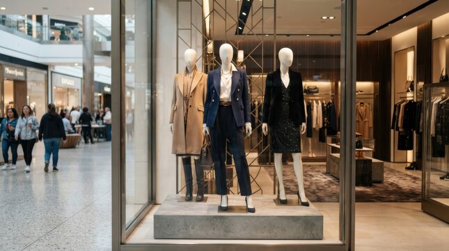 Mannequins in a clothing store window display at a shopping mall