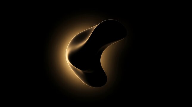 Abstract dark golden fluid organic liquid shape with soft glowing light backdrop