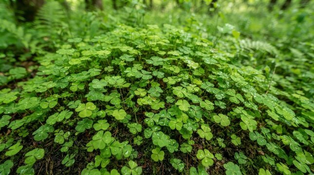 Lush green clover patch growing in a damp forest floor