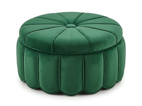 Green velvet circular ottoman with button tufted top for luxury living space.